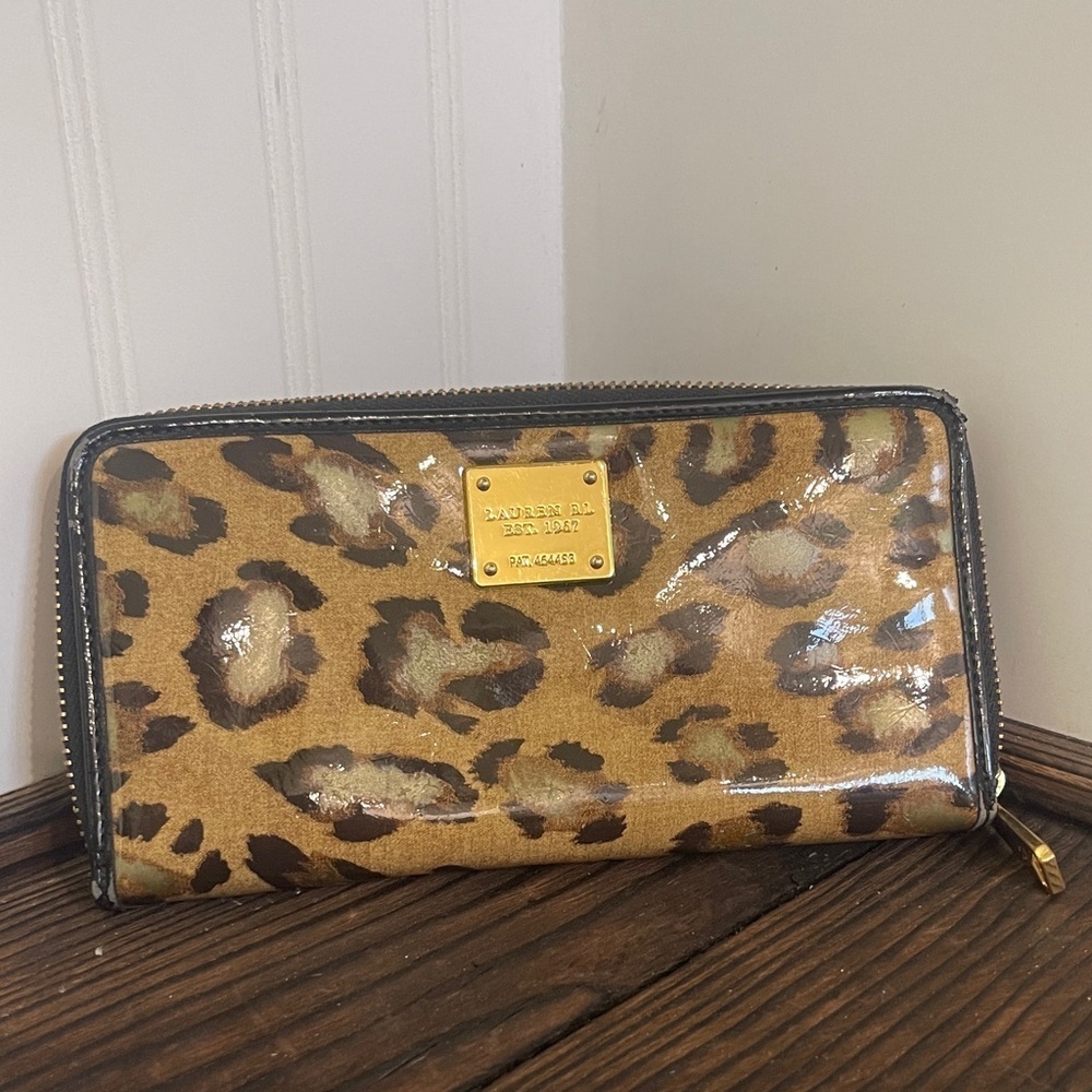 Lauren Ralph Lauren Leopard Print Zip Wallet with Gold Accents